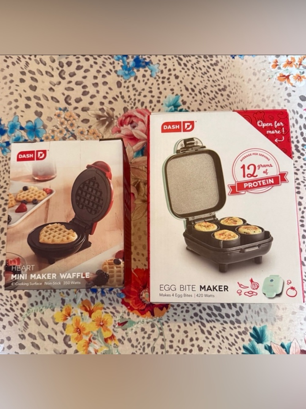 Both Dash Mini Waffle Maker in Mint and Dash Mini Heart Waffle Maker in Red New